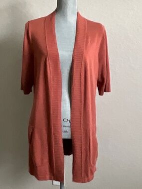Isaac Mizrahi Open Front Cardigan Medium Rust Short Sleeve Cotton Blend Layering